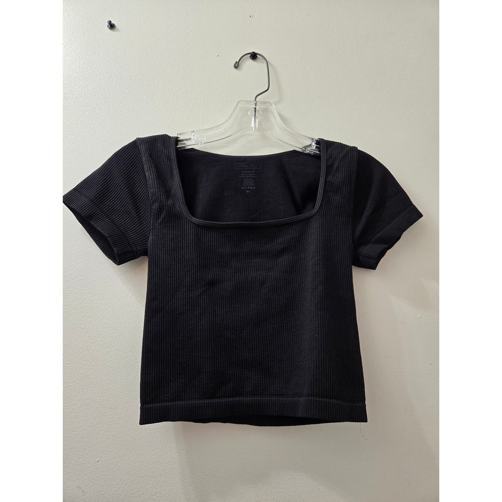 FULL TILT Ribbed Square Neck Short Sleeve Black Crop‎ Top Shirt M/L